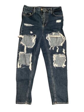 Zara High-Waist Distressed Dark Blue Denim Jeans